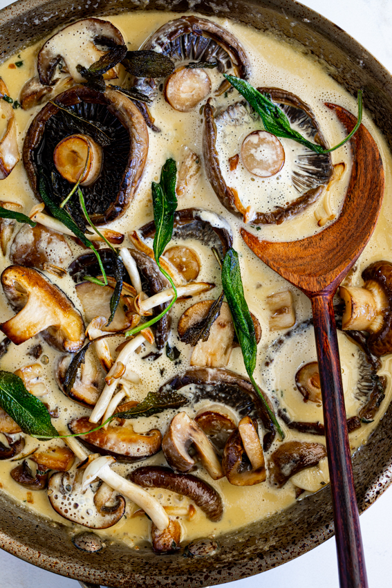 Creamy polenta with garlic sage mushrooms