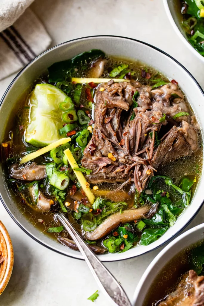 When you're in the mood for something warm and comforting, this Asian-inspired Short Rib Soup with Swiss chard and mushrooms is the ideal choice.

