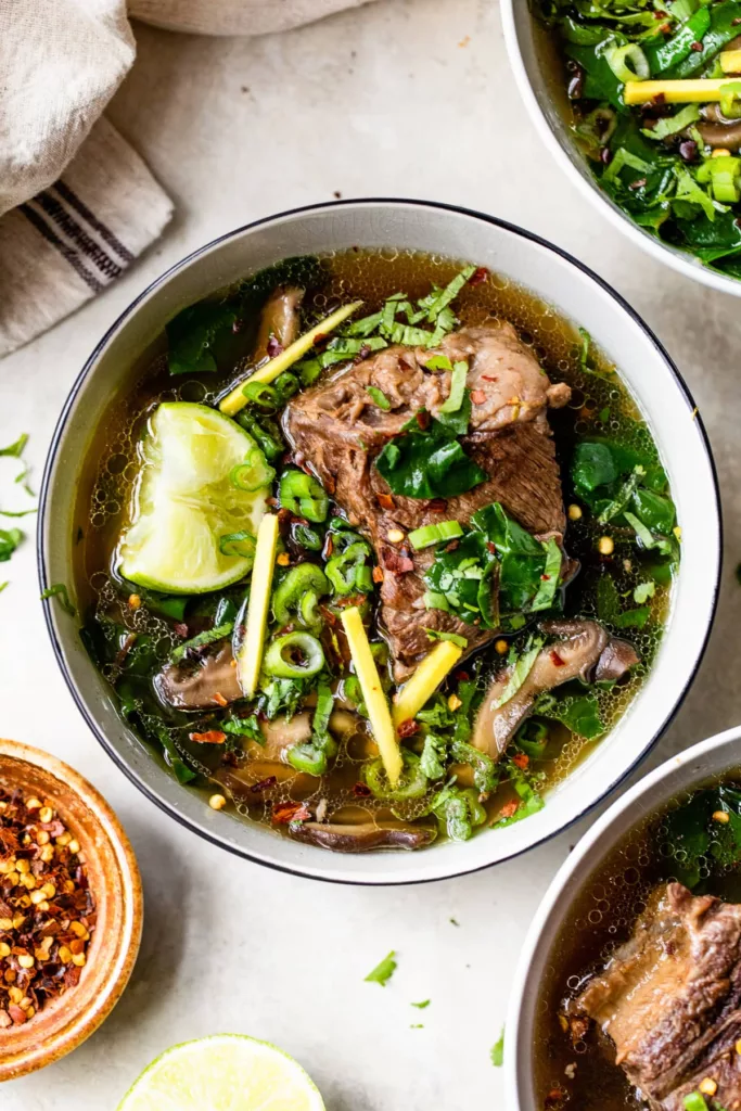 When you're in the mood for something warm and comforting, this Asian-inspired Short Rib Soup with Swiss chard and mushrooms is the ideal choice.

