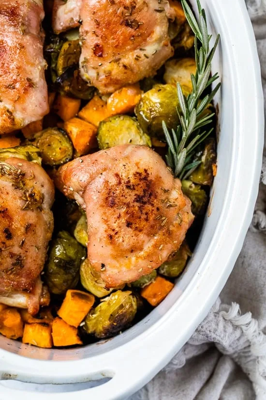 Baked Chicken Thighs with Brussels and Sweet Potato