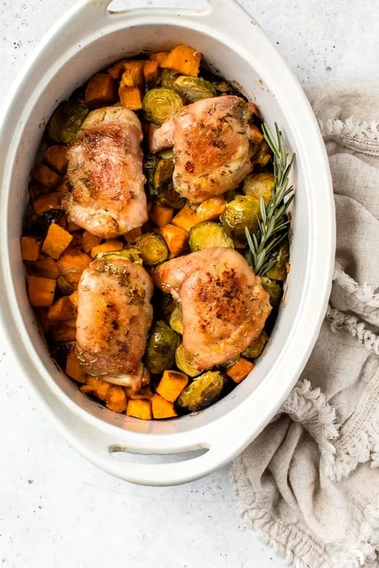 Baked Chicken Thighs with Brussels and Sweet Potato