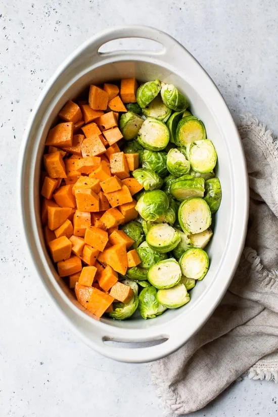 Baked Chicken Thighs with Brussels and Sweet Potato ingredients