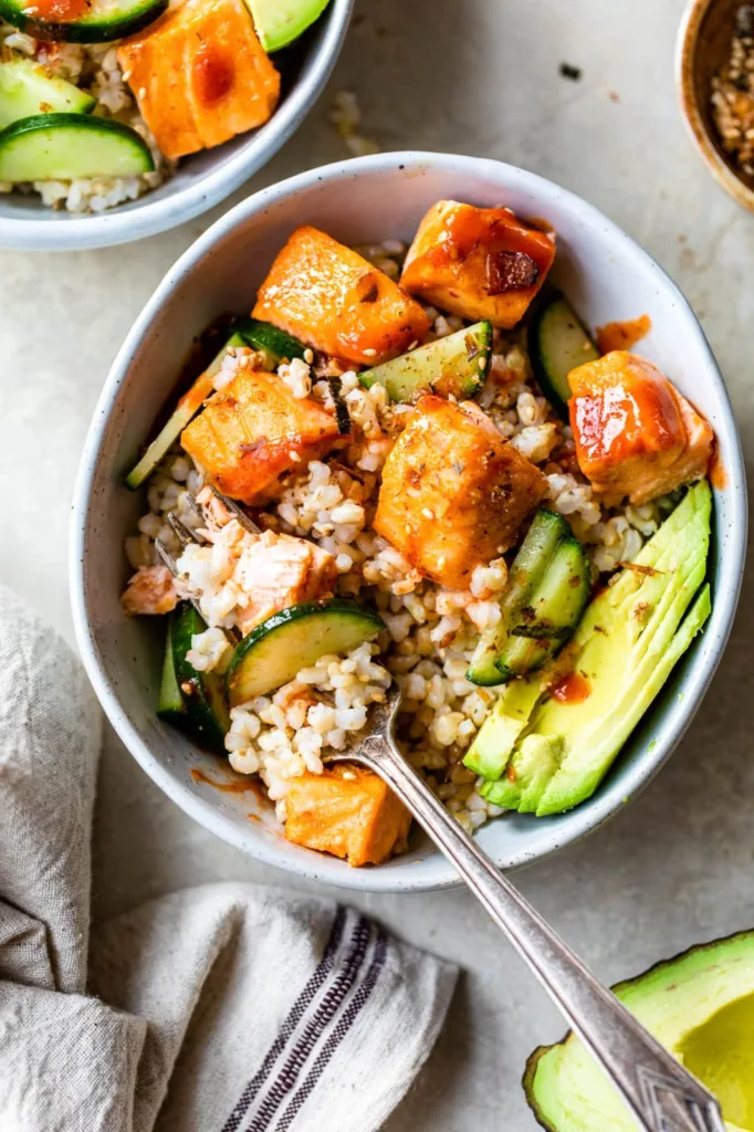 Honey Sriracha Roasted Salmon Rice Bowls