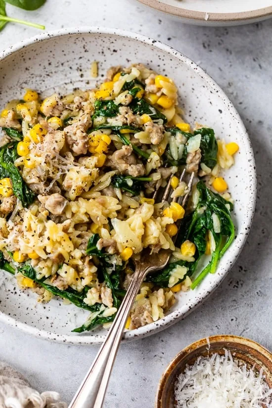 One-Pot Orzo with Sausage, Spinach and Corn