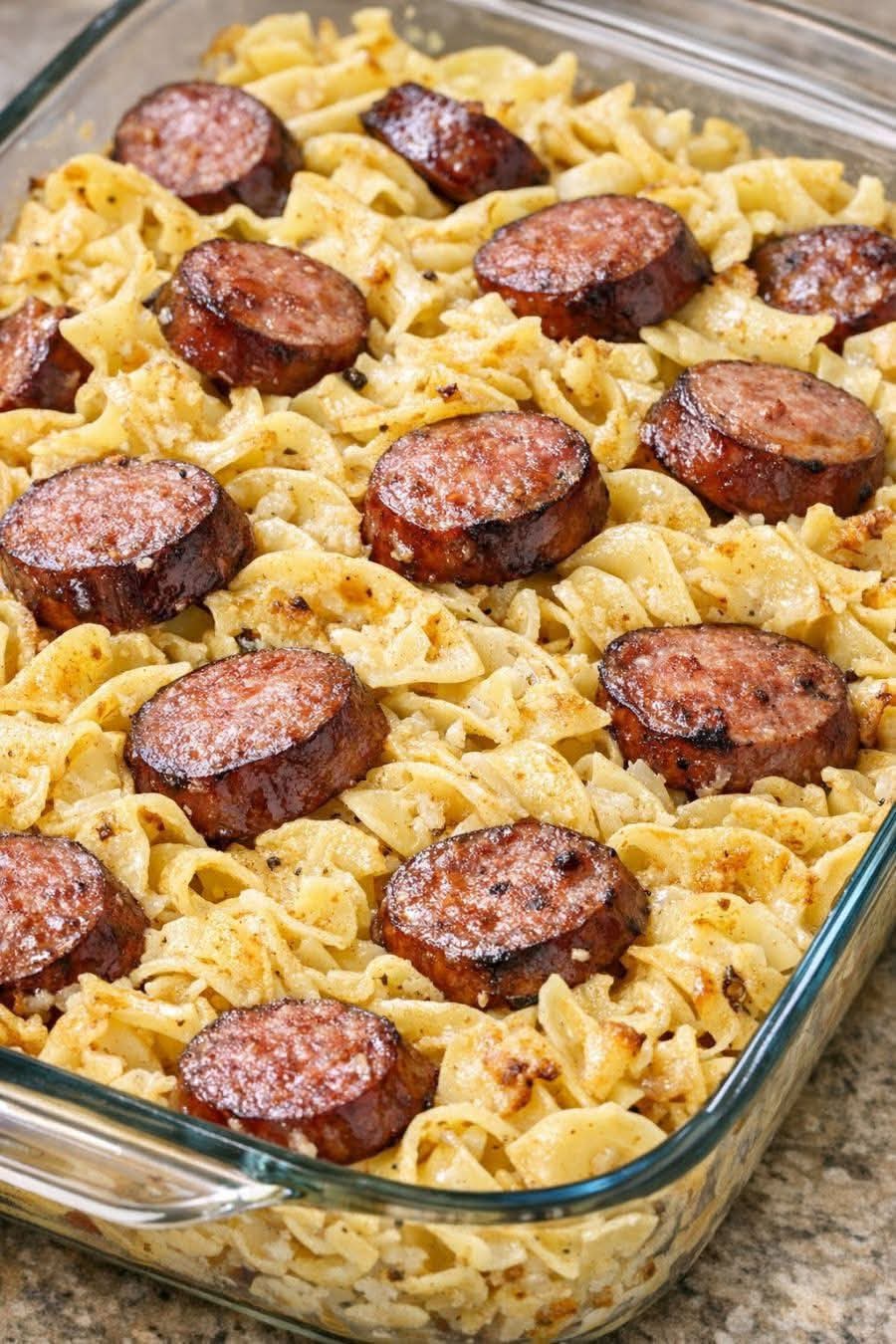 Oven Baked 4 Ingredient Kielbasa and Egg Noodle Bake: Smoky, Creamy, and Irresistible
