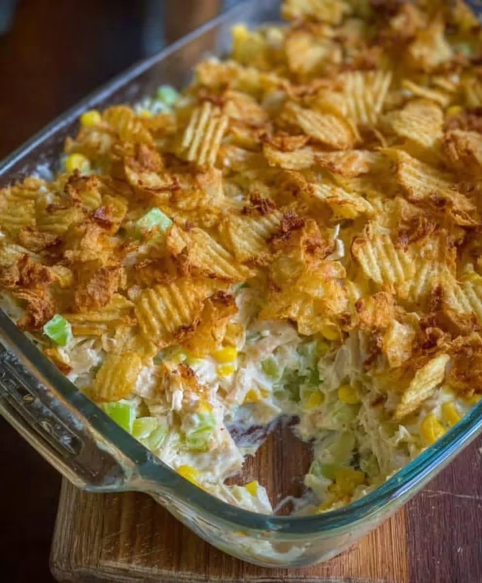 Creamy Corn And Chicken Casserole with Crunchy Potato Chip Topping